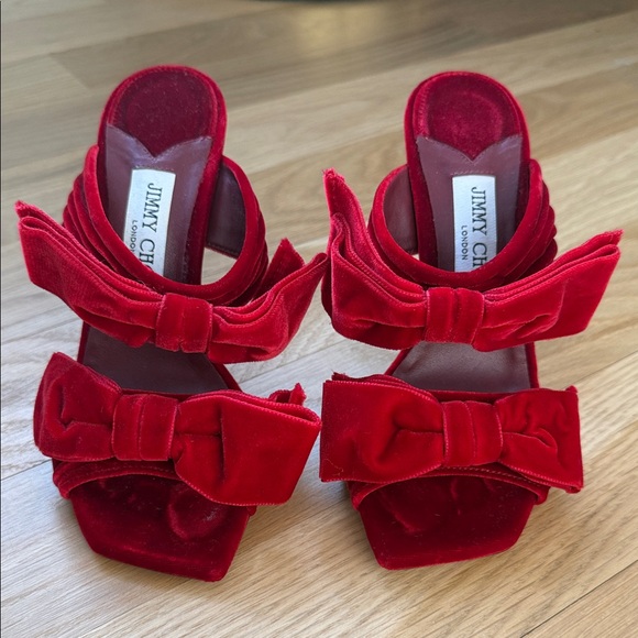 Jimmy Choo 100 mm Flaca Scarlet Velvet Bow Heels - Picture 6 of 14